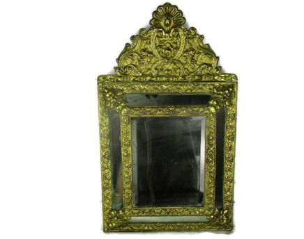 Vintage mirror Embossed Brass Glass Continental Ornate Dinanderie Rare