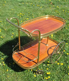 Bar Cart Italian Hollywood Regency Gold Chrome Wood 