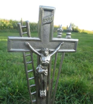 Antique Ornate art bronze Jesus Christ Cross Table Crucifix Tools of Passion