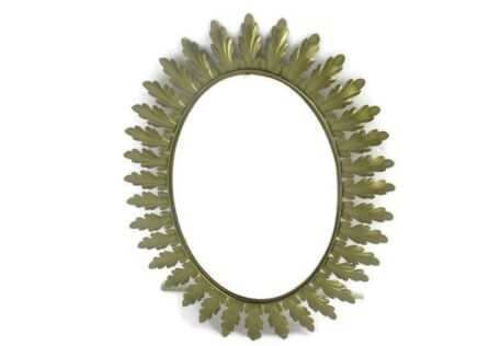 Mid Century Modern Large Ornate Oval Wall Hanging Mirror De Knudt Brass Leafs