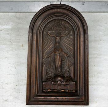 Antique Hand Carved Wood Wall Panel Bas Relief Tableaux Crucifix Virgin H.Ghost