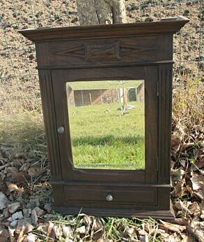 Vintage Carved Wood Medicine Wall Cabinet Beveled Glass mirror Drawer Lovely