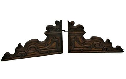 Pair French Corbels Hand Carved Wood Oak Pediment Ornate Finial Architectural Brackets Finials