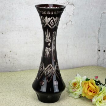Bohemian Dark Ruby Red Cranberry Cut to Clear Crystal Glass Vase Vintage