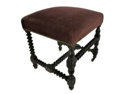 Antique Footstool Ottoman Carved Wood Barley Twist  Red Velvet on Wheels Barn Country Farmhouse style Edwardian