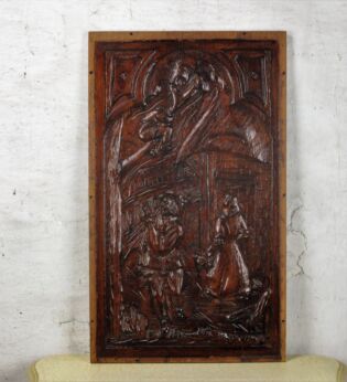 Vintage Hand Carved Wooden Wall Panel Plaque Reclaimed Man in Tree Brueghel