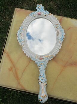 Vintage Italian Bassano Hand Mirror Ceramics Ornate Flowers Blue Romantic NOS