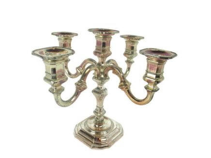 Large Vintage Brass Ornate 5 Arm Candle Holder Candelabra Silver plated Gorgeous