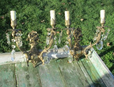 Pair of antique Two-Arm Wall Sconces Crystal Prisms Brass Ornate Flowers