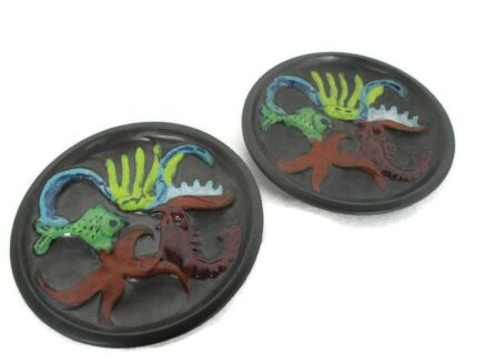2 French Oyster Plates Faience Hand Painted Ceramic Majolica Cerenne Vallauris 1950s