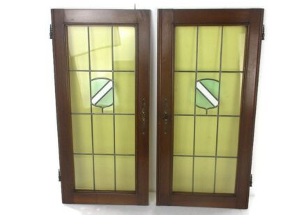 pair Vintage Carved Wood Door Panels Reclaimed Architectural Leaded Glass