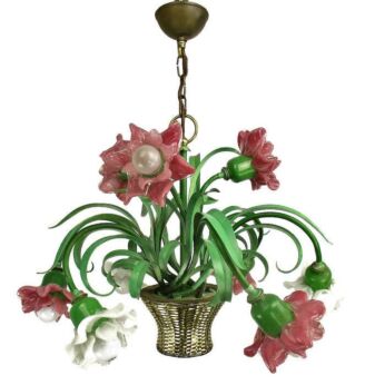 Murano Banci Firenze Flower Glass Shades Brass Flower Basket  9 arm HTF WOW