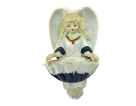Vintage Holy Water Font Vessel Bisque Porcelain Angel