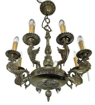 Antique Ornate Brass 8 Arm Chandelier Gothic Revival Dragons Phoenix Griffin HTF