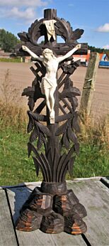 Carved Wood Jesus Christ Table Standing Crucifix Ceramic Corpus tools of Passion