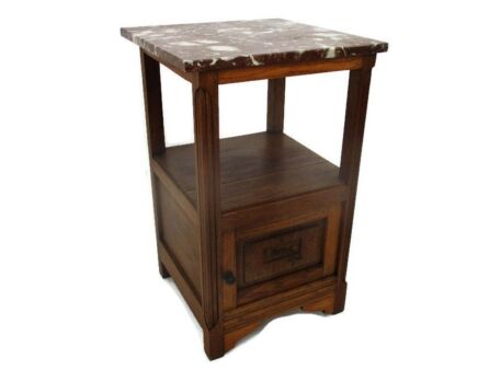 Antique French Art Deco Brown Red Marble top Side Cabinet Lamp End Table Nightstand Ornate Carved Wood