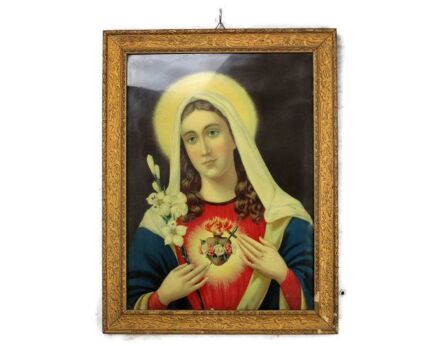 Vintage Wooden Ornate Frame Sacred Heart Virgin Mary Madonna Vintage Print