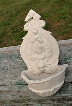 Vintage Holy Water Font Porcelain Little girl Wood Catholic Sweet Communion