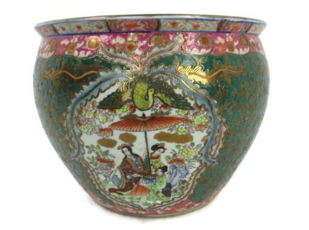 XL Vintage Chinese Porcelain Enamel Famille Rose Koi Fish Bowl Planter Vase  Cachepot   Stunning