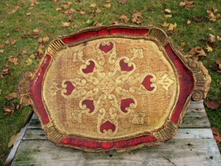 Italian Mid Century Hollywood Regency Florentine Red Gold Floral Serving Tray