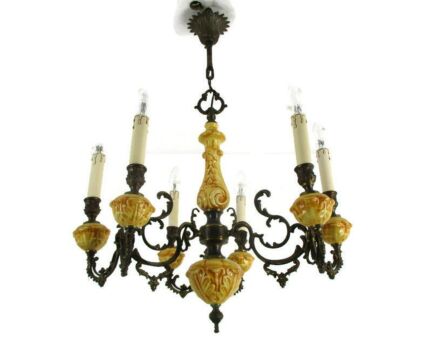 Chandelier 6 Arms Lights Ceramic Porcelain Ceramic Brown Mid Century Italy