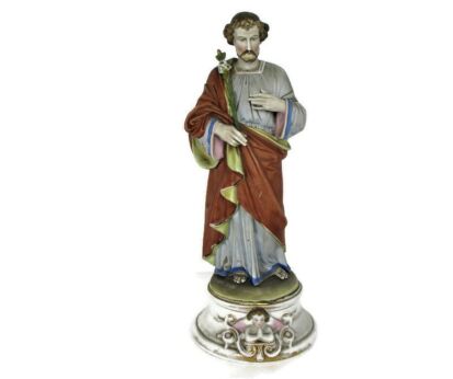 Antique Porcelain Bisque Statue Saint Joseph Angel Lilies Protector of homes Polychrome 17.32"
