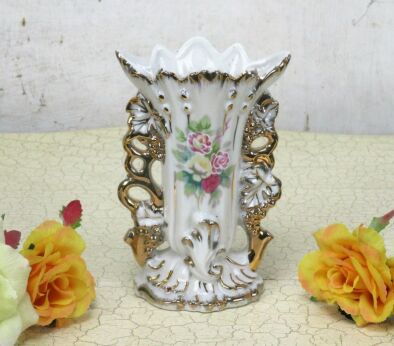 Antique French Vieux Paris Porcelain Fan Flair Bridal Vase Hand Painted Flowers