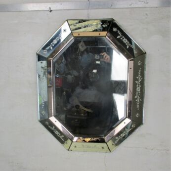 Pink Clear Venetian Mirror Ornate Etched Cut to Clear Glass Art Nouveau Octa