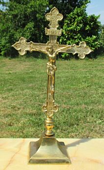 Vintage Table Crucifix Brass Cross Jesus Christ Catholic Memento mori 12.87"