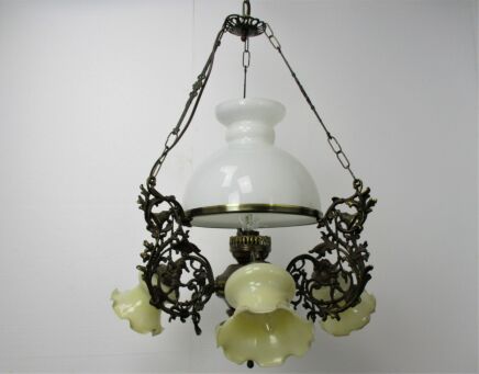 Chandelier 4 Lights Opaline Shade Brass Wood Ornate Gnomes Bells Kabouters