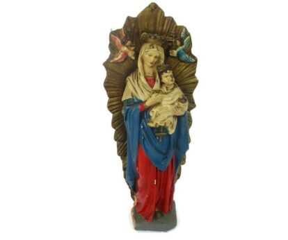 Virgin Mary Lady of Perpetual Help  Madonna Infant Plaster Statue Angel Polychrome 14.37"