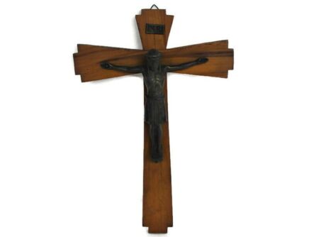 Art Deco Bauhaus hanging Wall Crucifix Wood Brass Corpus Modernist Jesus Christ HTF 15.74"