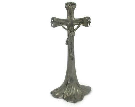 Small Vintage  Standing Table Crucifix Cross Calvary Jesus Christ Mid Century Modern Spelter