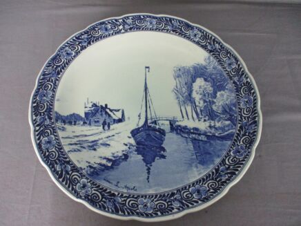 Boch Delft Blue Hand Painted Wall Charger Plate Hanging Blue White Royal SPhinx Maastricht Petrus Regout Seaside