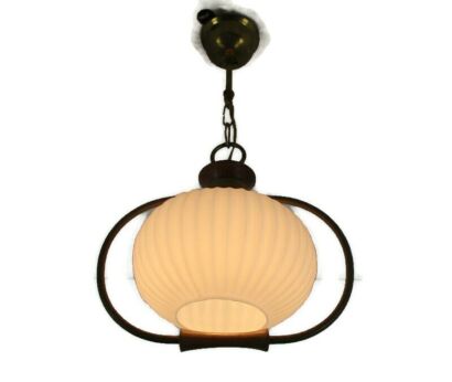 Danish Modern Chandelier Pendant Teak Brass Opaline Glass Louis Kalff Atomic