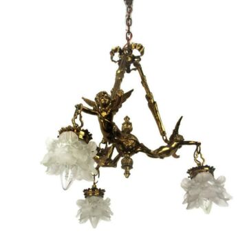 French Chandelier 3 Lights Arms Putti Cherub Hollywood Regency Flower Shades