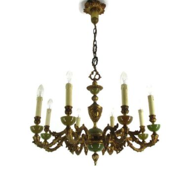Chandelier 8 Lights Arms Hollywood Regency Brass Faux Marble resine