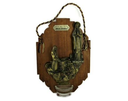 Art Deco Wall Holy Water Font Vessel  Blessed Virgin Mary  Little girl Brass on Wood Oostakker Lourdes Extremely Rare Collector