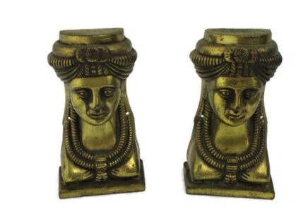 2 pcs Antique Cast Brass Furniture Trim Hardware Ornate Reclaimed Beautiful Egyptian Style Female Heads Mythological