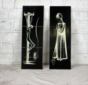 L Vintage Ceramic Black Tiles Wall Hanging Jesus Christ & Virgin Mary Mettlach