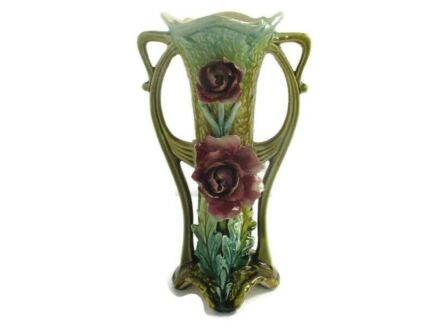 Vase with Two Handles Pottery Faience French Lovely Antique Porcelain Flowers