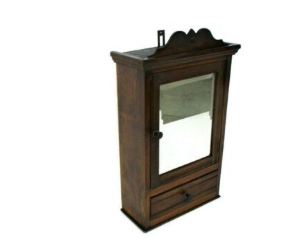 Kitchen Apothecary Pharmacy Medicine Bathroom Wall Cabinet Wood Beveled Glass Mirror Pediment Mid Century 50s