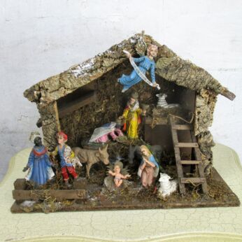 Retro Nativity Christmas Scene Set Handmade Stable Manger Creche Jesus Vintage