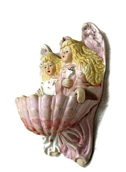 Large Vintage  Holy Water Font Vessel Angels Bisque Porcelain Pastel HTF 7.08"