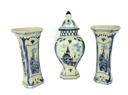 3 pcs Delft Blue Pottery Garniture Set 2 Trumpet Vases Matching Covered Urn