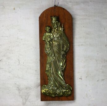 Vintage Brass on Wood Wall Plaque Hanging Virgin Mary Madonna Infant Child 13 "