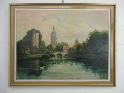 Oil Painting Canvas Wooden Frame Gorgeous Land Cityscape Swans Bridge Signed