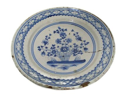 19th Century Delft Wall hanging Charger Plate Blue White Antique Flower Pattern Basket D 10.82"