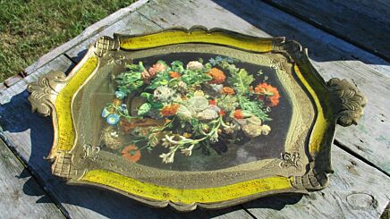 Italian Mid Century Hollywood Regency Florentine Large Serving Tray Flowers