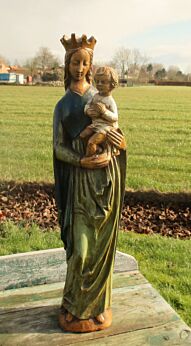 Art Deco Virgin Mary Madonna with Child Plaster Statuette Stunning Signed 23.62"